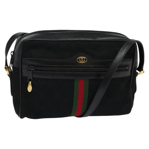 GUCCI GG Canvas Web Sherry Line Shoulder Bag Black Gold 37 0124071 - Picture 1 of 16